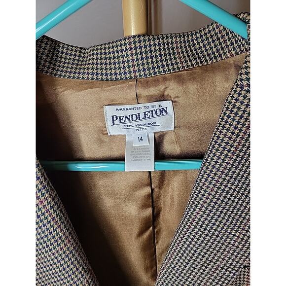 Petite Pendleton Blazer Jacket Women Sz 14 100% Virgin Wool Leather Accents - Picture 2 of 10